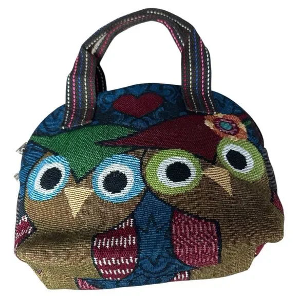 Love Owls Embroidered Tapestry Handbag Crossbody Double-Sided Zip Pockets 7x7 - Picture 2 of 3